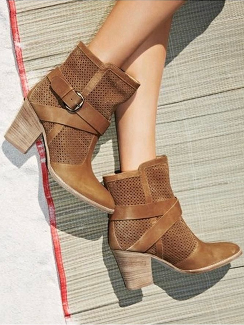 Aquatalia Brown Perforated Leather Ankle Booties with Buckle